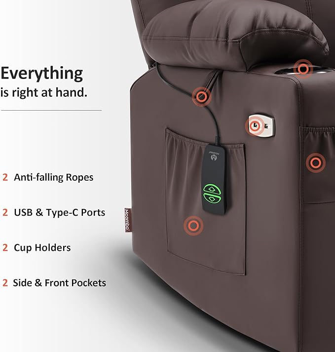MCombo Large Power Lift Recliner Chair with Massage and Heat for Tall Elderly People, 3 Positions, Cup Holders, and USB Ports, Faux Leather 7516 (Large, Light Brown)