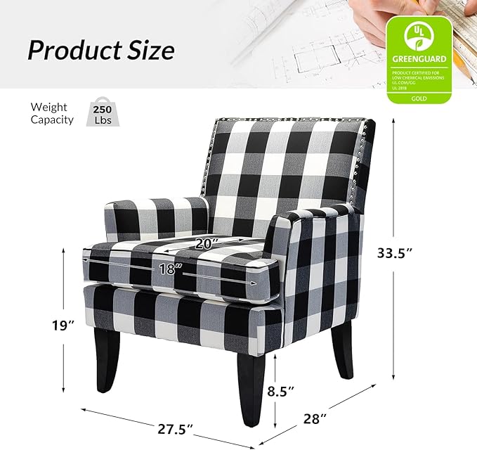 HULALA HOME Modern Accent Chair with Arms and Wooden Legs, Buffalo Plaid Accent Chair Armchair High Back Rest, Padded Armrest and Comfortable Cushioned Seat for Living Room (Buffalo Black)