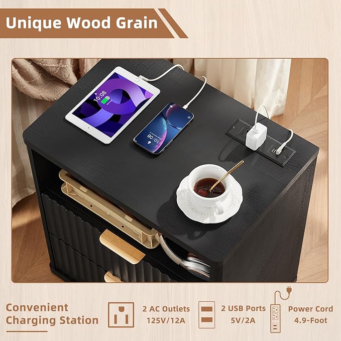 LEYAOYAO Fluted Nightstand with Charging Station, 23" Wide 2 Drawers End Table,Black Night Stand with Open Storage Cabinet, Farmhouse Bed Side Tables, Wood Dresser for Bedroom, Living Room, Closet