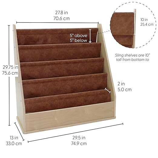 Factory Direct Partners Rustic Kid Birch Sling Book Display; Distressed Faux Leather 4-Shelf Storage for Books or Magazines; Furniture for Bedroom, Playroom, Daycare, Classroom - Hazelnut, 13745-322