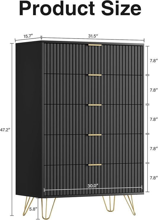 Black Dresser for Bedroom, Fluted Modern Dresser with Gold Pulls and 5 Drawers, 15.7" D x 31.5" W x 47.2" H