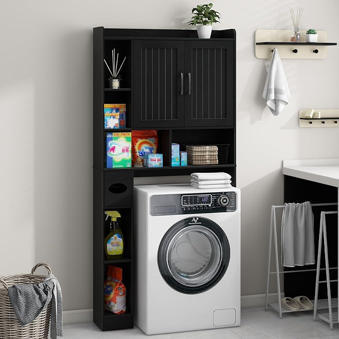 Vabches Over The Toilet Storage Cabinet, Farmhouse Storage Cabinet Over Toilet with Barn Door, Home Space-Saving Toilet Rack, for Bathroom, Restroom, Laundry(Black).