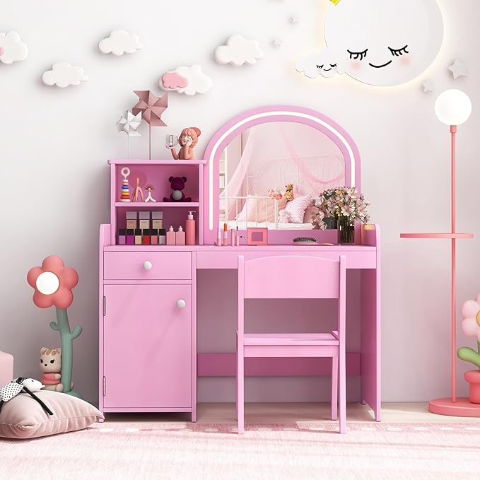HONEY JOY Kids Vanity with Lights, Little Girls Vanity Set with Mirror and Stool and Lights, Wooden Princess Makeup Dressing Table, Storage Cabinet, Pretend Play Kids Vanity Table and Chair Set(Pink)