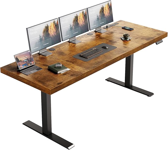 OffiGo Electric Standing Desk with 3-Piece Board, 71 Inch Height Adjustable Large Desk with Power Outlets, Sit Stand Table, Writing Computer Desk for Home, Office, Workstation, Rustic Brown