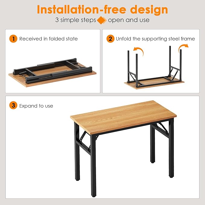 Need Folding Computer Desk - 39.4 Inch Foldable Office Writing Work Study Kids Student Teacher Home Bedroom Table for Small Space, Teak & Black