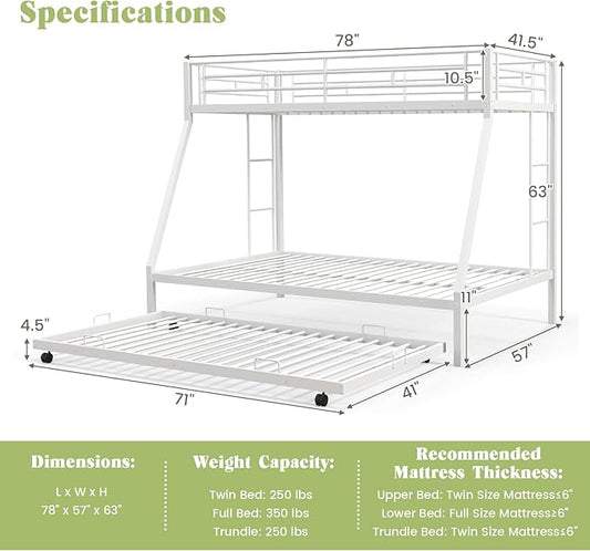 Giantex Twin Over Full Bunk Bed with Trundle, Heavy-Duty Metal Triple Bunk Beds w/Two Side Ladders & Safety Guard Rail, 3 in 1 Bunk Beds for Kids Teens, No Box Spring Needed,White