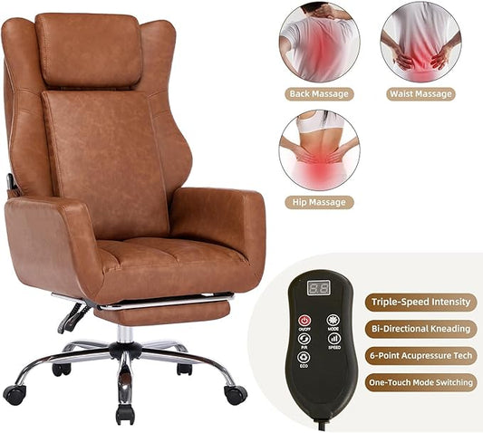 DYHOME Brown Leather Office Chair with Massage and Footrest, Heavy Duty Task Desk Chairs, Swivel Ergonomic Computer Gaming Chairs with Lumbar Support, Wheels Flip-up Arms Adjustable Height