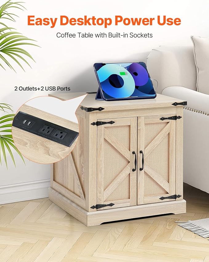 VEVOR Farmhouse End Table, Rectangle PE Rattan Woven Wood Coffee Table, 24-Inch Modern Boho Style Storage Coffee Table with Retro Metal Hinges, for Living Room, Bedroom & Small Spaces
