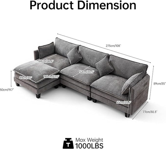108" Modular Sectional Couches for Living Room with Ottoman, L Shaped Cloud Couch with Charger, USB & Type-c Port, Comfy 4 Seats Sofas with Deep Seat, Chenille Fabric, Darkgrey