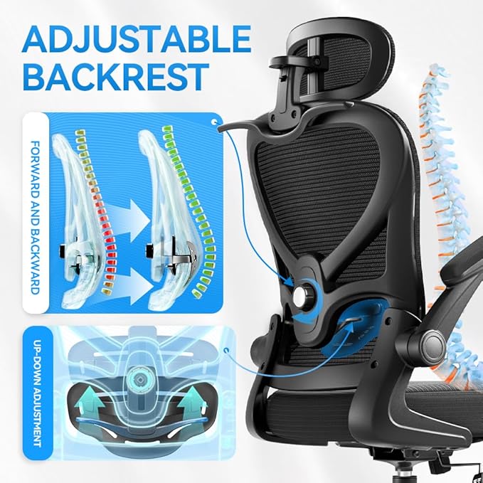 Ergonomic Office Chair with Headrest 3D, Mesh Office Desk Chair with Adjustable Lumbar Support, Computer Chair with Flip up Armrests, 350LBS Capacity - Design for Home/Offices - Black