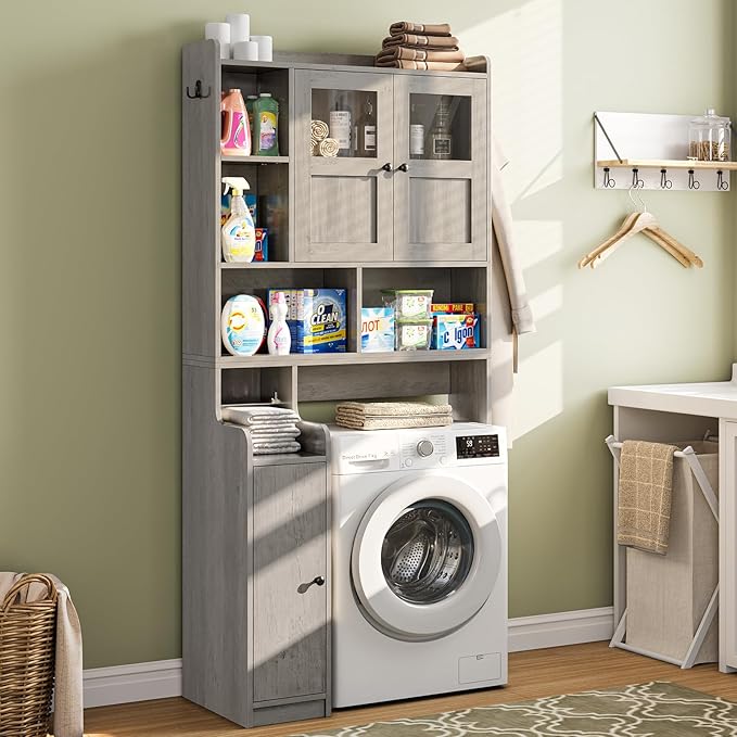 Itaar Over The Toilet Storage Cabinet, Over Toilet Bathroom Organizer with Glass Doors & Toilet Paper Holder Stand, Home Space-Saving Toilet Rack, for Bathroom, Restroom, Laundry, Grey