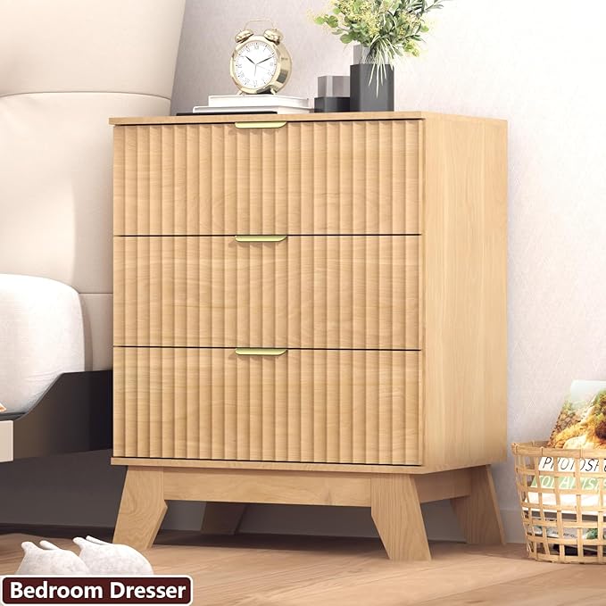 Fluted Dresser for Bedroom,3 Drawer Dresser for Closet,Storage Cabinet and Chest of Drawers with Gold Handle,TV Stand,Storage Organizer for Living Room,Hallway,Entryway,Nature Oak