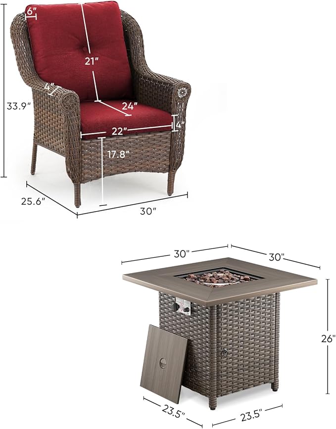 Outdoor Patio Chairs with Fire Pit Table 5 Piece Set - High Back Brown Wicker Rattan Lawn Chair with Thick Cushion for Porch Apartment Deck Yard Poolside Garden - Red