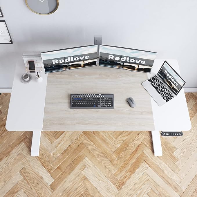 Radlove Electric Height Adjustable Standing Desk, 63x 30 Inches Stand Up Desk Workstation, Splice Board Home Office Computer Standing Table Ergonomic Desk (White+ Oak, 63x30'')