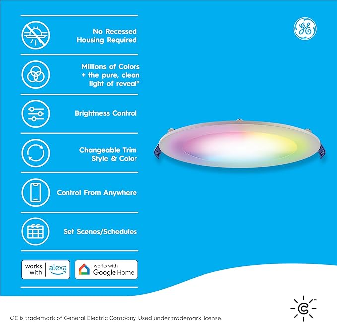 GE Cync Reveal HD+ Smart LED Wafer Downlight, Color Changing LED Light, Works with Alexa and Google Home, Matter Compatible, No Recessed Lighting Housing Required, Ceiling Lights, 2 Inch (3 Pack)