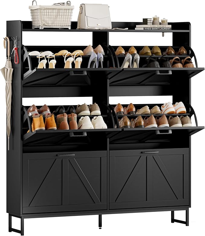 Shoe Cabinet Storage for Entryway, Shoe Storage Cabinet with 6 Flip Drawers, Freestanding Narrow Shoe Rack Organizer with Metal Legs, Adjustable Shelves & Open Storage for Foyer, Hallway, Black