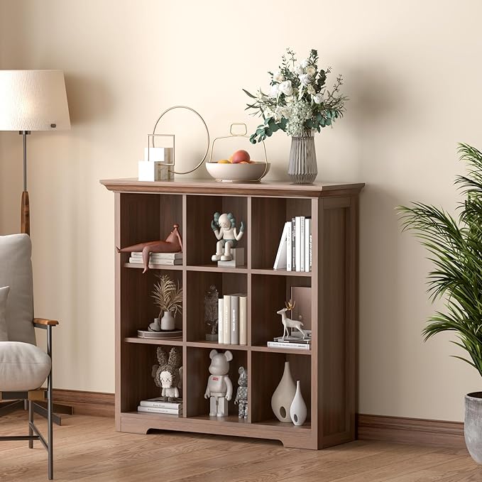 Cube Shelf Bookcase with Base - Wooden 3 Tiers Floor Standing Low Storage Cabinet for Home and Office, 9-Cube Lattice Bookshelf, Walnut