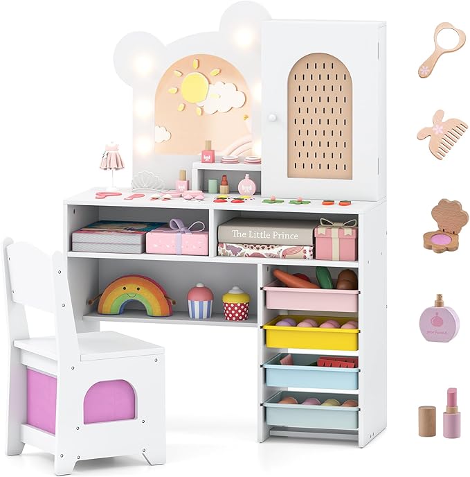 Costzon Kids Vanity with Lights, Girls Vanity Set with Mirror, Storage Drawers, Cabinet & Shelves, Toddler Makeup Vanity Desk Dressing Table, Wooden Kids Vanity Table and Chair Set (White)
