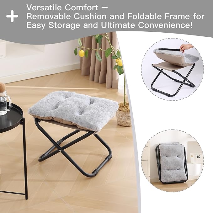 LITA Folding Footrest Stool, Portable Ottoman Foot Rest, Upholstered Small Foldable Ottoman Stool with Detachable Thick Cotton Cushion Padded Sofa Stool for Living Room, Bedroom, Plush Grey