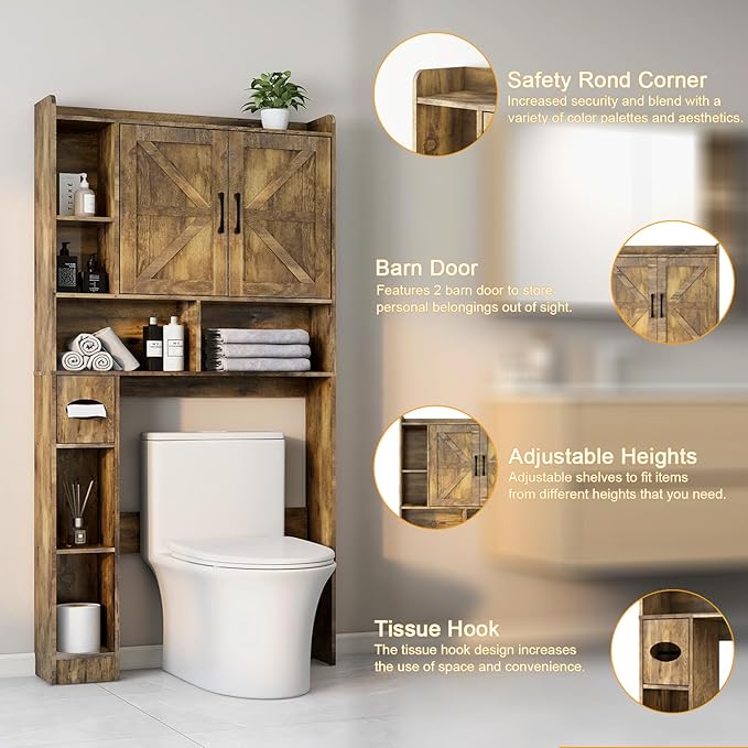 Vabches Over The Toilet Storage Cabinet, Farmhouse Storage Cabinet Over Toilet with 2 Barn Doors & Toilet Paper Holder Stand,Home Space-Saving Toilet Rack, for Bathroom, Restroom, Laundry.