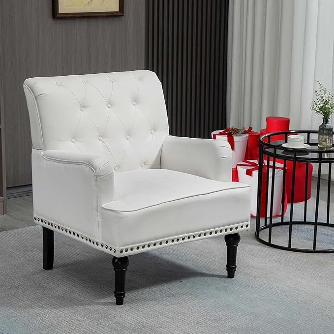 MOJAY Modern PU Leather Accent Chair Set of 2, Mid-Century Living Room Lounge Club Chair with Rivet Trim, Single Sofa Reading Arm Chair for Bedroom Home Office Study Lounges(White)