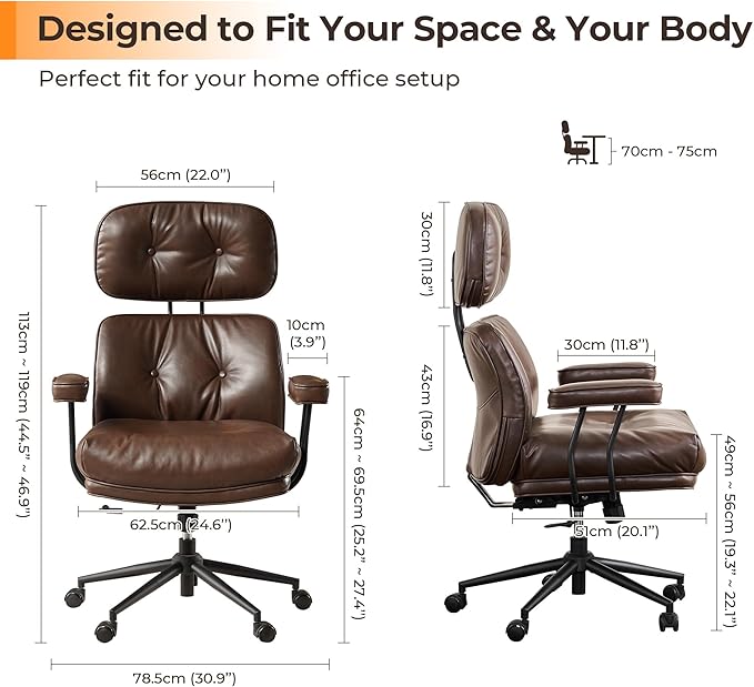 Ergonomic Office Chair Comfy with Lumbar Support, High Back PU Leather Rolling Executive Desk Chair for Home Office & Gaming, 360° Swivel, 300lbs (Dark Brown)