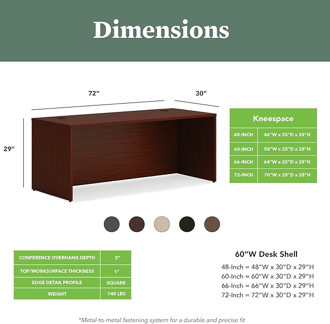 HON MOD Executive Desk 72-Inch Large Computer Desk Shell, Thick Wooden Laminate, Modern Table with Cord Management, 72" W x 30" D x 29" H, Traditional Mahogany