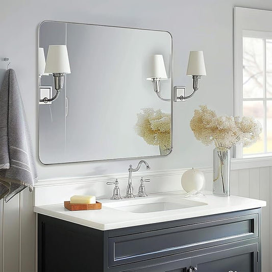 ANDY STAR Chrome Bathroom Mirrors for Over Sink, 24x24 Inch Polished Mirror for Wall, Square Metal Framed Vanity Mirror -Modern Clean Design with Superior Stainless Steel Frame