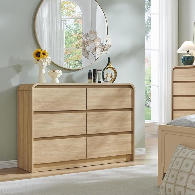 Modern 6 Drawers Dresser for Bedroom, 47" Wide Wood Dressers & Chests of Drawers w/Curved Profile Design, Mid Century Modern Dresser w/Natural Texture for Bedroom, Living Room, Natural Oak