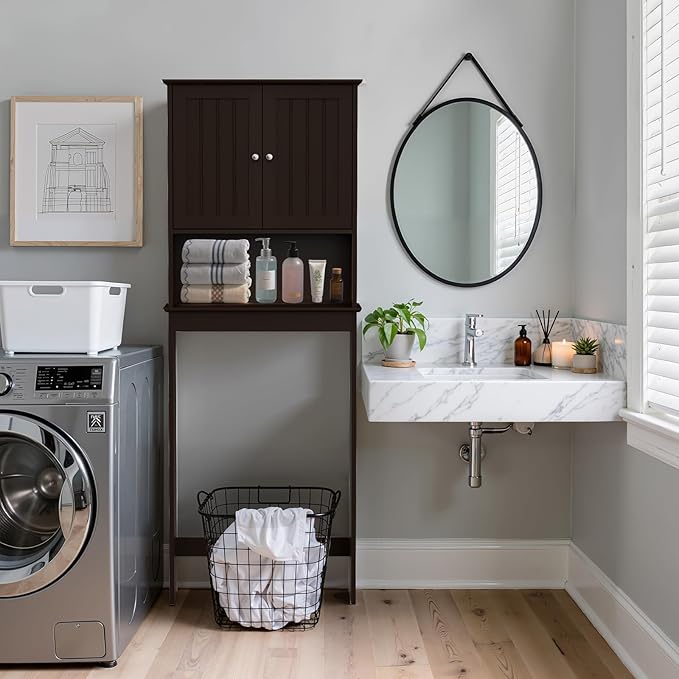 Over The Toilet Storage Cabinet, Behind Toilet Bathroom Organizer with Adjustable Shelves, Wooden Above Toilet Storage Shelf, Space Saver for Restroom, Bathroom, Laundry
