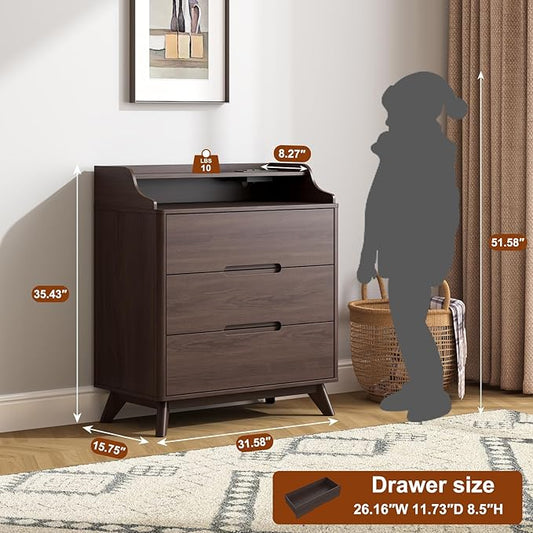 3 Drawer Dressers for Bedroom, 32" Large Wood Storage Dresser & Chest of Drawers with Charging Station, Wide Modern Dressers with 3 Drawer Storage Organizer for Bedroom Living Room Closet Brown