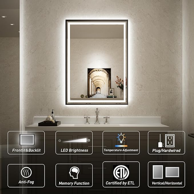 28X36 Inch Framed LED Lighted Bathroom Mirror,Backlit and Front Wall Mounted Black Metal Vanity Mirrors with Lights,Double LED Dimmable Illuminated & 3 Colors Temperature Anti-Fog Mirror