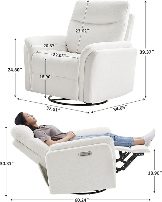 VANOMi Power Recliner Chair Swivel Glider, Electric Rocking Recliner Chairs with USB and Type-C Ports, Nursery Chair Recliner for Living Room, Bedroom, Apartment(White)