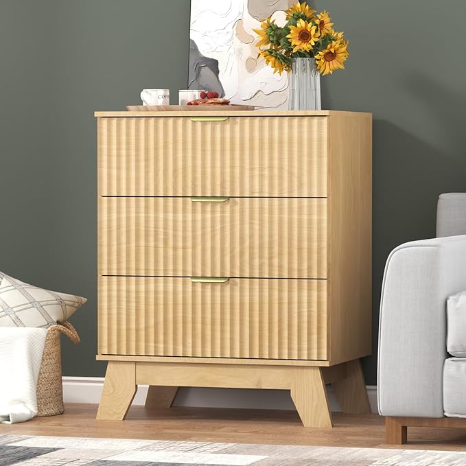 Fluted Dresser for Bedroom,3 Drawer Dresser for Closet,Storage Cabinet and Chest of Drawers with Gold Handle,TV Stand,Storage Organizer for Living Room,Hallway,Entryway,Nature Oak