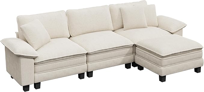 123-Inch L Shaped Sectional Sofa with Cloud Cushions, Deep Seat Modular Couch Set w/ 4 Seats & 1 Ottomans, Removable Arms, Plush Corduroy Upholstery for Living Room, Apartment - Beige