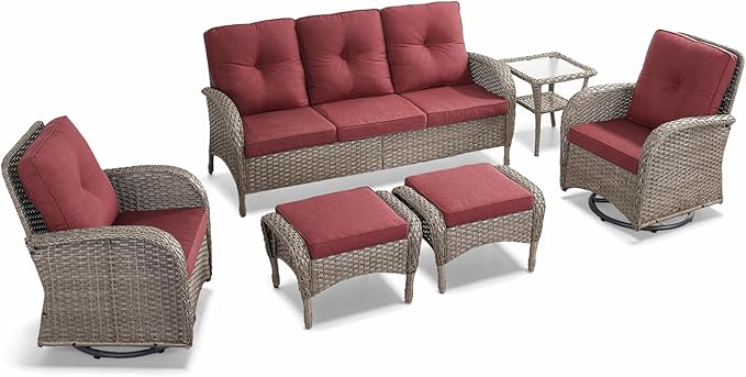 HUMMUH 6 Pieces Outdoor Patio Furniture-PE Rattan Wicker Sofa with Patio Swivel Rocking Chairs Patio Furniture for Deck Lawn Porch Balcony Poolside-Grey/Red
