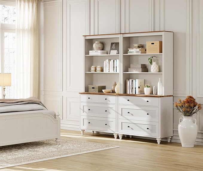 3 Tier Bookshelf with 3 Drawers, 72" Tall Bookcase Large Farmhouse Display Book Case Shelf with 3-Tier Open Book Shelfs,Library Wood Bookshelves for Living Room & Kitchen & Bedroom, Off White, 2 PCS