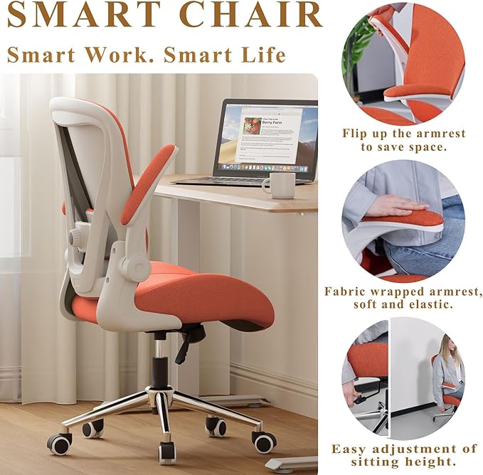 Orange Ergonomic Office Desk Chair, Soft Fabric Thickened Curved seat Cushion with Adjustable Lumbar Support, Perfect Blend of Comfort and Good Looks, Ideal Chair for Home or Office, Orange
