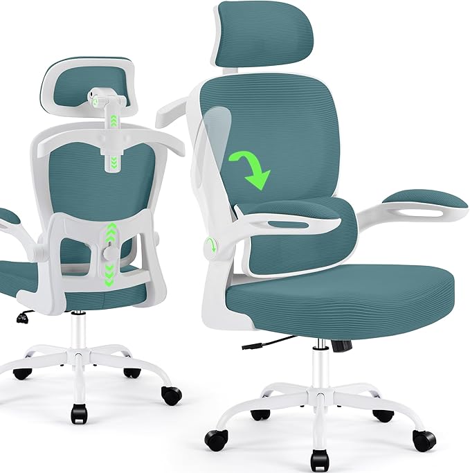 Office Chair Ergonomic Desk Chairs with Adjustable Lumbar Support& Headrest Hanger, High Back Breathable Mesh Chair with Wheels, Rolling Swivel Comfy Task Computer Chair for Home Work Gaming