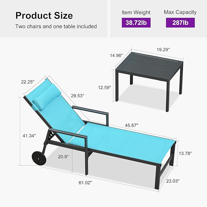 PURPLE LEAF Patio Lounge Chair Set of 3 Outdoor Chaise Lounger Aluminum Frame with Armrest Side Table and Wheels for Pool Outside Sunbathing Tanning Recliner Including Pillows Turquoise Blue