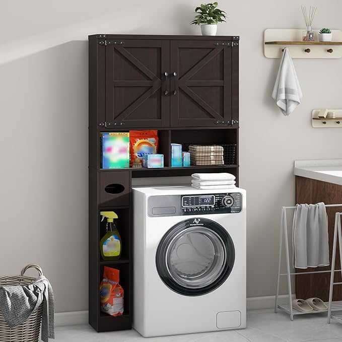 Vabches Over The Toilet Storage Cabinet, Farmhouse Storage Cabinet Over Toilet with 2 Barn Doors & Toilet Paper Holder Stand,Home Space-Saving Toilet Rack, for Laundry, Restroom, Bathroom.Walnut