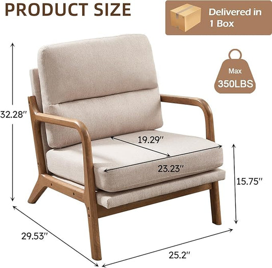 Mid Century Modern Accent Chair, Linen Fabric Upholstered Lounge Armchair with Solid Wood Frame and Soft Cushion for Living Room, Bedroom (1, Linen Beige)