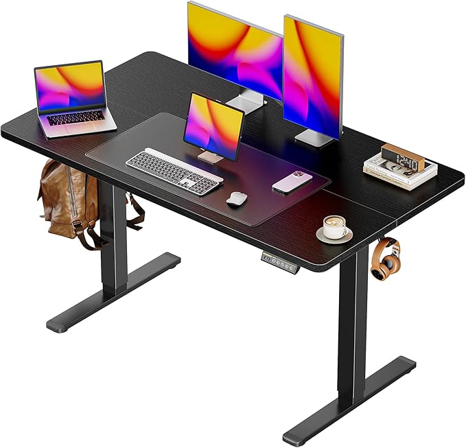 Huuger 48 x 28 Large Electric Standing Desk, Height Adjustable Desk, 27.6" Deep Desktop, Stand up Gaming, 2 Hooks, 3 Preset Heights, for Home Office, Black
