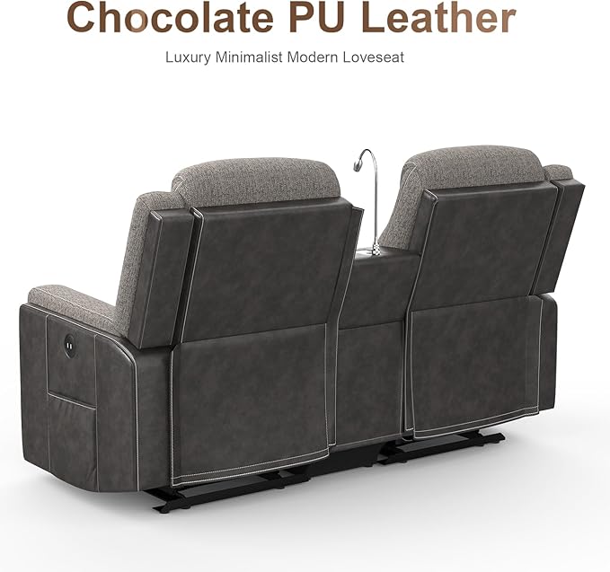 Loveseat Recliner, Manual Reclining Loveseat Sofa with Reading Light, Chic Blend Style Sofa, Storage Console, Cup Holders, USB Ports, Fabric & PU Leather, Recliner Couch for Living Room/RV