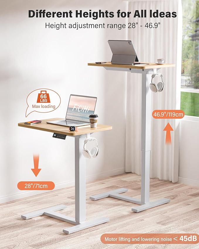 FiCiHi Small Electric Standing Desk - Adjustable Height Bedside Laptop Table with Wheels, Mobile, Portable Rolling Computer Workstation Sit Stand Table for Home Office, Sofa, Couch Use(28x16,Maple)