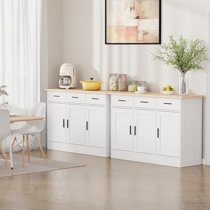 Buffet Cabinet with Storage - Buffets & Sideboards Kitchen Storage Cabinet, Wood Console Table Coffee Bar Accent Cabinets for Living Room Dining Room Entryway Large 3 Doors & Drawers, White 47.2"W