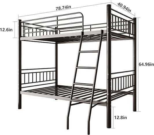 Metal Bunk Bed Twin Over Twin,Loft Bed with Removable Ladder and Full-Length Guardrail,Twin Bunk Beds Frame Heavy Duty Metal Slat Support for Adults, Kids and Young Teens (Black)