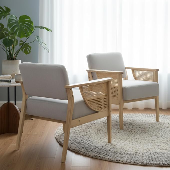 Mid Century Modern Accent Chair, Rattan Armchair with Wood Legs Living Room Chair Linen Upholstered Lounge Chair for Bedroom Reading Room, Grey