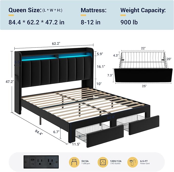 Allewie Velvet Vertical Tufted Queen Upholstered Platform Bed Frame with 2-Tier LED Storage Headboard & 2 Storage Drawers, USB & Type-C Charging Ports, Noise-Free/No Box Spring Needed, Black