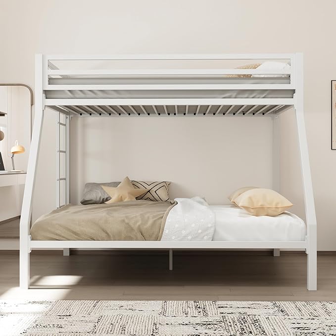 Allewie Metal Bunk Bed Twin Over Full Size for Junior & Adults with Ladder and Heavy Duty Guardrail, Small Space Saving Design for Bedroom Kid Room and Dorm, White